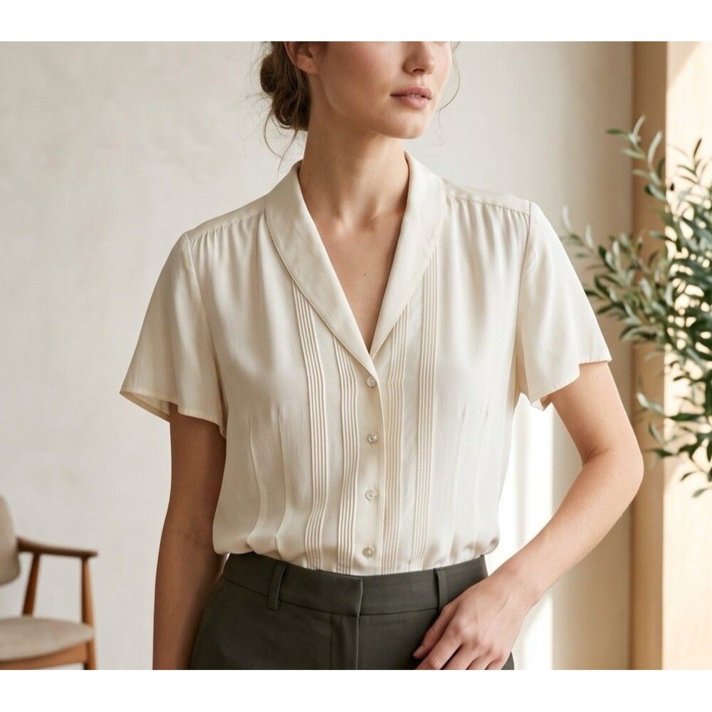 VTG Kasper 100% Silk Ivory Pintuck Short Sleeve Blouse Sz 14 Quiet Luxury Retro